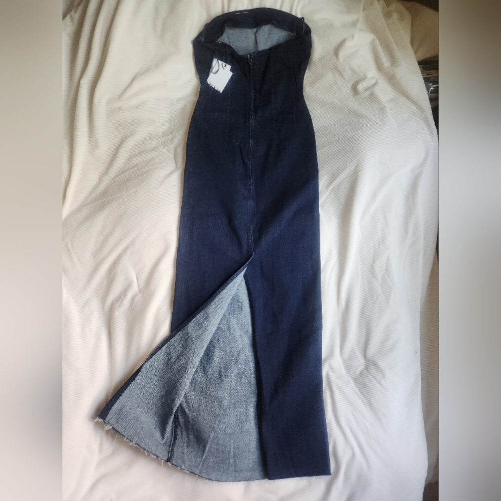 Zara denim strapless midi dress blue BNWT - Picture 2 of 15